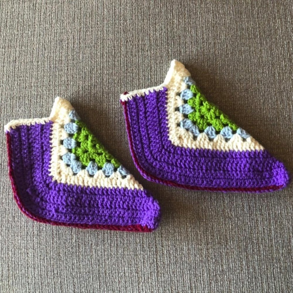New, Hand Made. Multi Colour Crocheted Granny Square Slippers. S-M